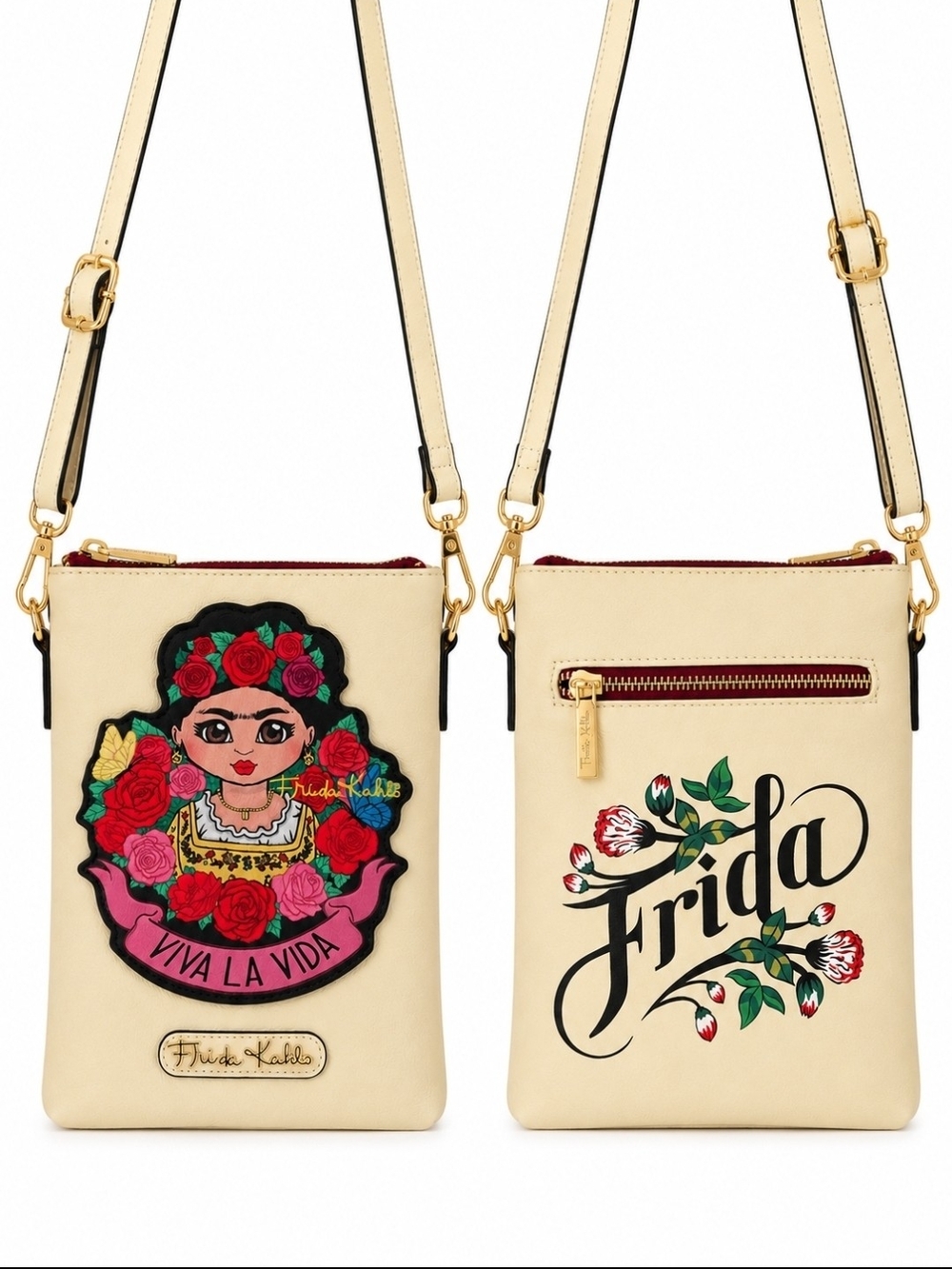 Frida Kahlo Viva La Vida Floral Crossbody Bag Cream Small Purse NWT